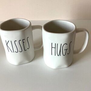 2 Rae Dunn Hugs & Kisses Coffee Tea Mugs Drinks Beverages Kitchen Drinkware